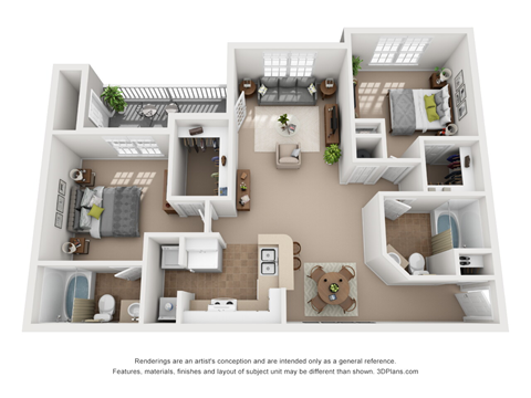 Floor plan for 2 beds, 2 baths, 1300 sqft